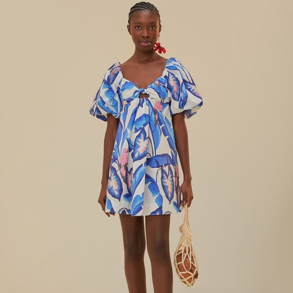 Farm Rio Off-White Blue Foliage Mini Dress